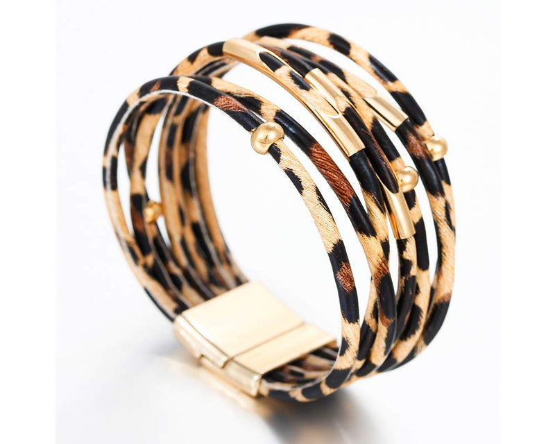 [Australia] - Fesciory Leather Wrap Bracelet for Women, Leopard Multi-Layer Magnetic Buckle Cuff Bracelet Jewelry A1-Brown Leopard 