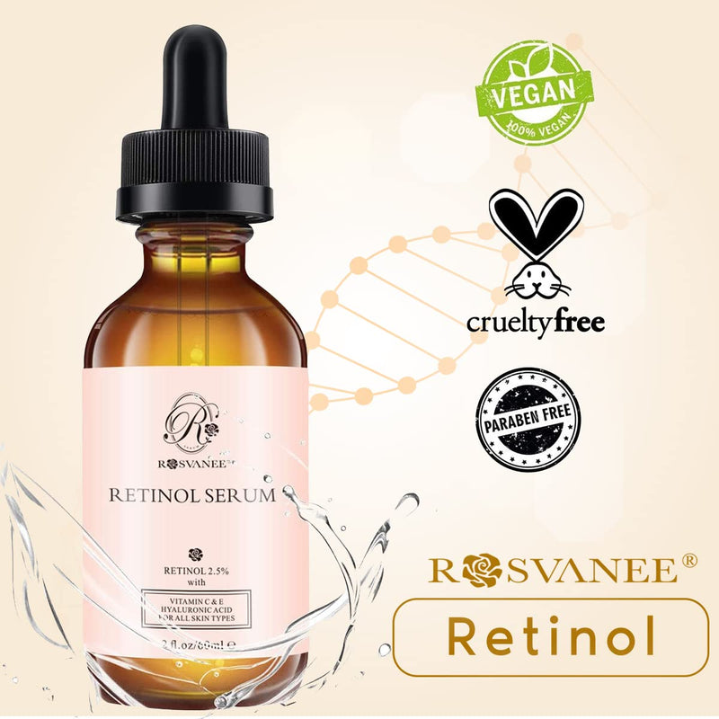 [Australia] - ROSVANEE Retinol Serum for Face 60ml - High Strength with 2.5% Retinol, Hyaluronic Acid, Vitamin C & E, Anti Aging Facial Serum for Skin Repair, Acne, Scar, Dark Spot, Fine Line and Wrinkles 
