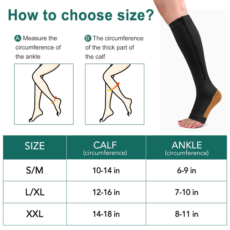 [Australia] - Copper Zipper Compression Socks -2 Pairs Calf Knee High Open Toe Support Stocking Compression Stocking… 01-black Large-X-Large 