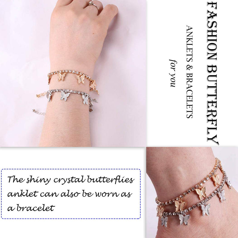 [Australia] - VFlowee Butterfly Crystal Anklets Women Sparkly Ankle Bracelets Butterflies Bracelet Rhinestone Foot and Hand Chain Jewelry (Gold) Gold 