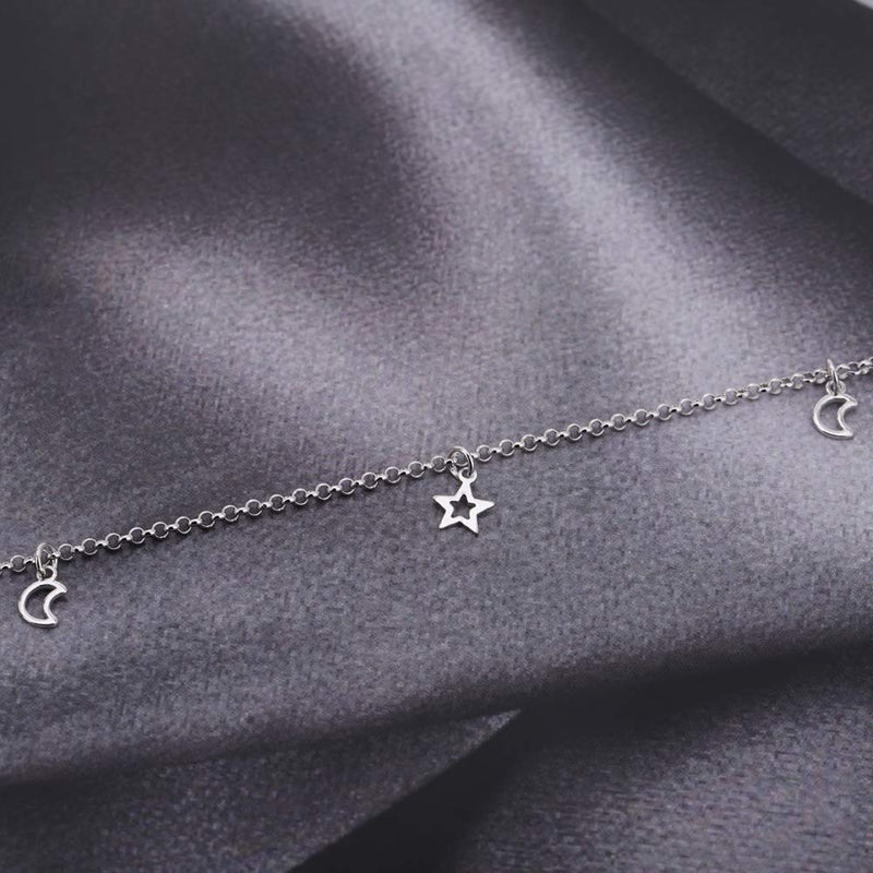 [Australia] - Vanbelle Sterling Silver Jewelry Open Star & Moon Anklet with Rhodium Plating for Women and Girls 