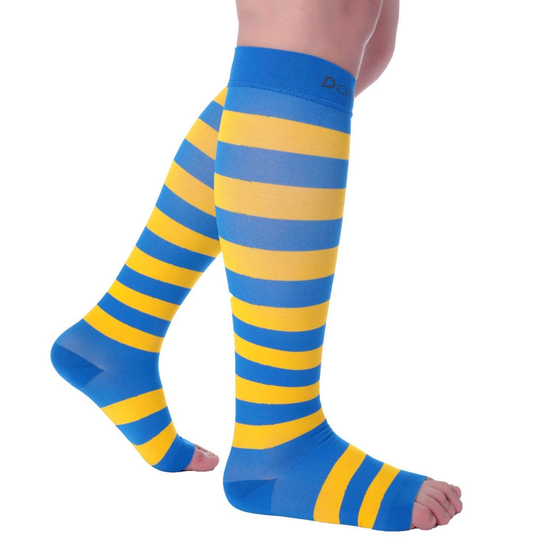 [Australia] - Doc Miller Open Toe Compression Socks for Women and Men 15-20mmHg, Shin Splints, Varicose Veins and Calf Injury Recovery Blue-yellow Small 