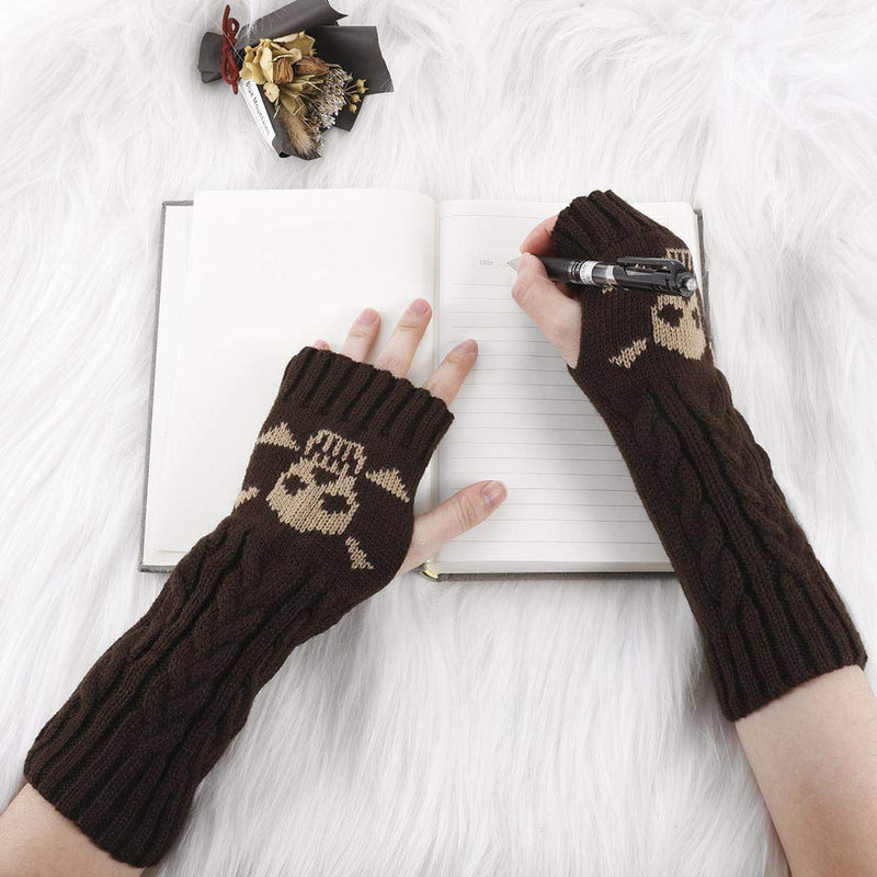 [Australia] - Urieo Winter Arms Warmers Acrylic Skull Knit Warm Thumb Hole Gloves Mittens for Women Coffee 