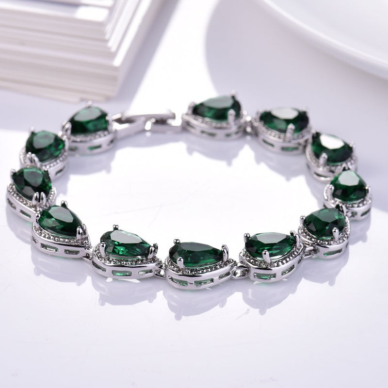 [Australia] - GULICX White Gold Plated Tear Drop AAA Cubic Zirconia Women Bracelet Earrings Necklace Jewelry Set Green Color 