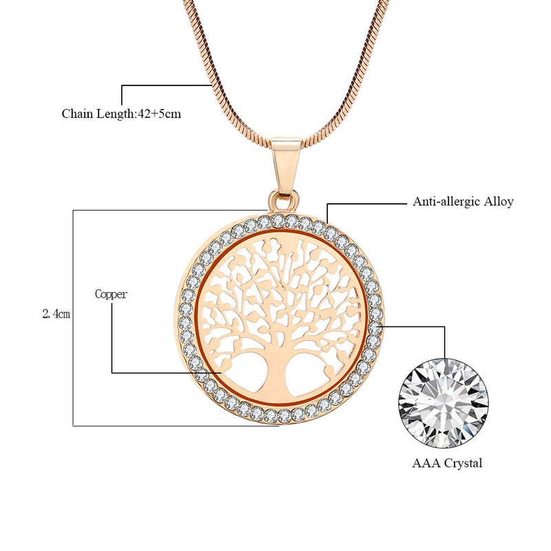 [Australia] - Ouran Tree of Life Pendant Necklace for Women, Rose Gold and Silver Long Chain Necklace with CZ Crystal Gold Plated 
