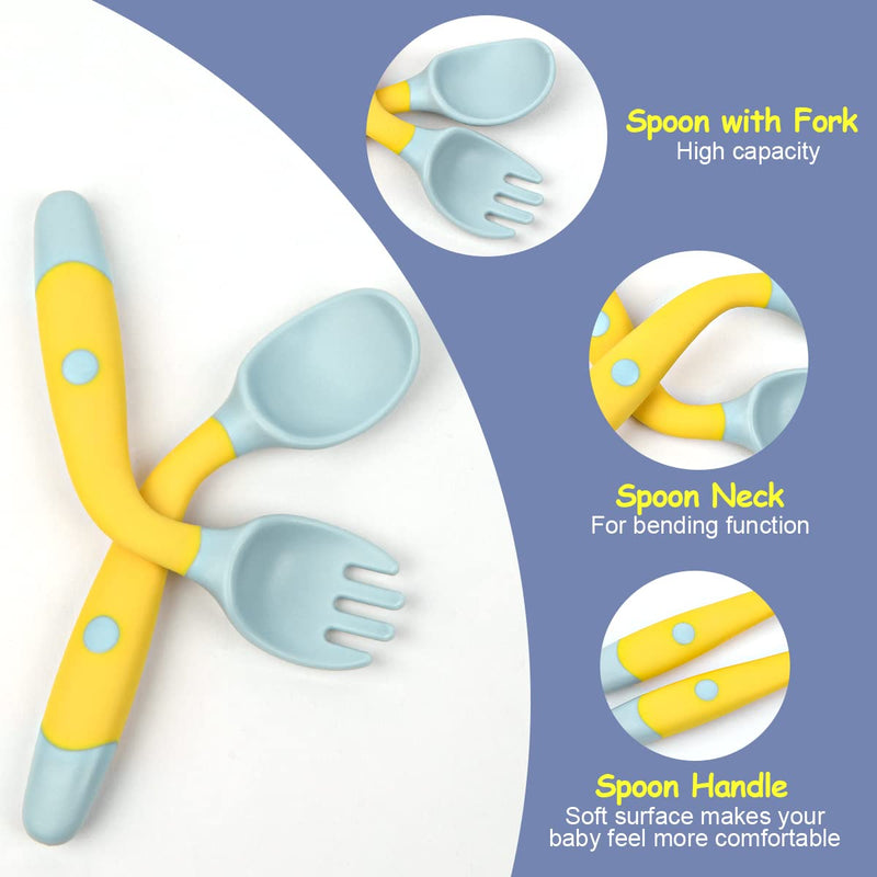 [Australia] - Vicloon Baby Fork and Spoon Set, 4pcs Baby Cutlery Feeding Set Toddler Utensils Spoons Forks, Silicone Self Feeding Utensil Easy Grip Toddler Cutlery Kit for Infant weaning and Learning to Use Cutlery Blue-green 