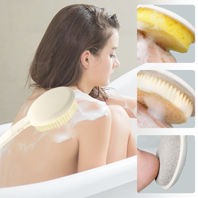 [Australia] - LFJ Bath Brush, 3 in 1 Foldable Long Handle Body Back Scrubber with Brush Sponge Pumice Head for Shower, Exfoliating or Dry Skin Brushing Nylon Bristle 