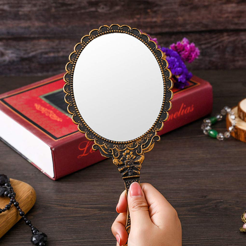 [Australia] - Dzrige Handheld Mirror Vintage Pattern Handle Makeup Mirror Hand Held Travel Mirrors Personal Cosmetic Mirror with Powder Puff (Bronze) 