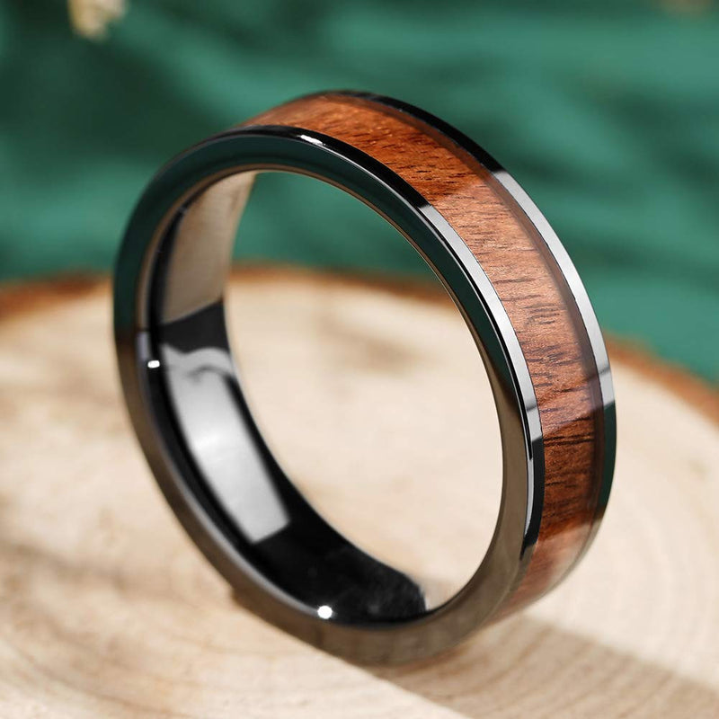 [Australia] - THREE KEYS JEWELRY 8MM 6MM Black Ceramic Wedding Ring with Antler Koa Wood Inlay Flat Wedding Band Ceramic Rings for Men Women 5.5 