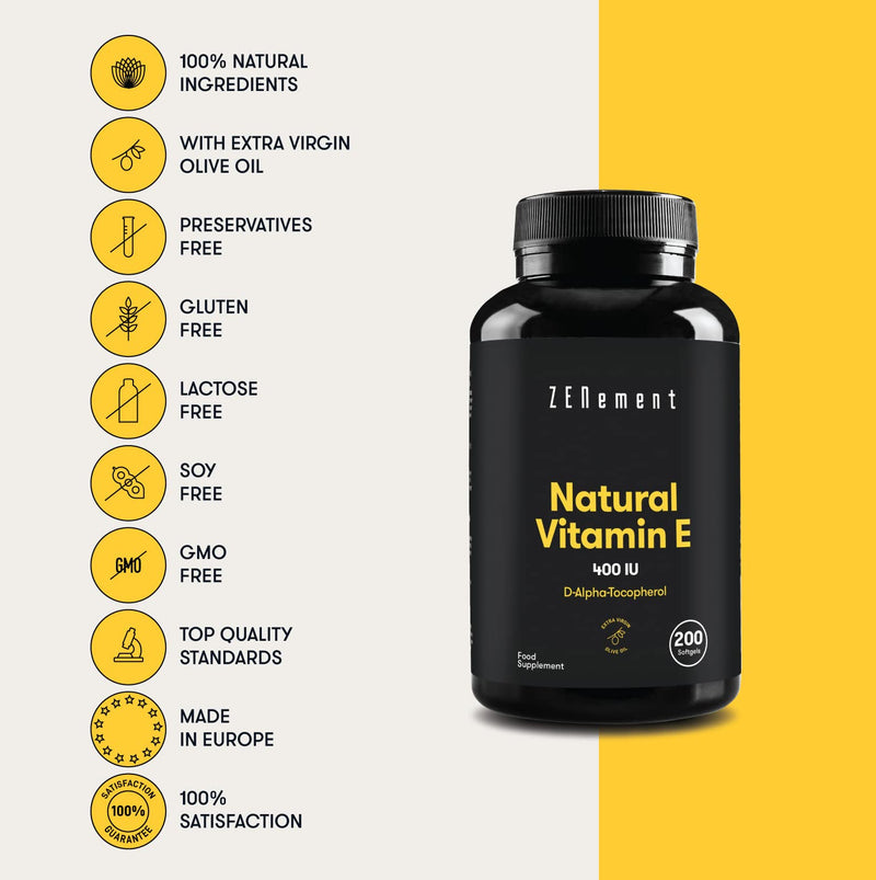 [Australia] - Zenement | Natural Vitamin E - 400 IU, (D-Alpha-Tocopherol), 200 Softgels | with Organic Extra Virgin Olive Oil | Antioxidant and Anti-Aging 