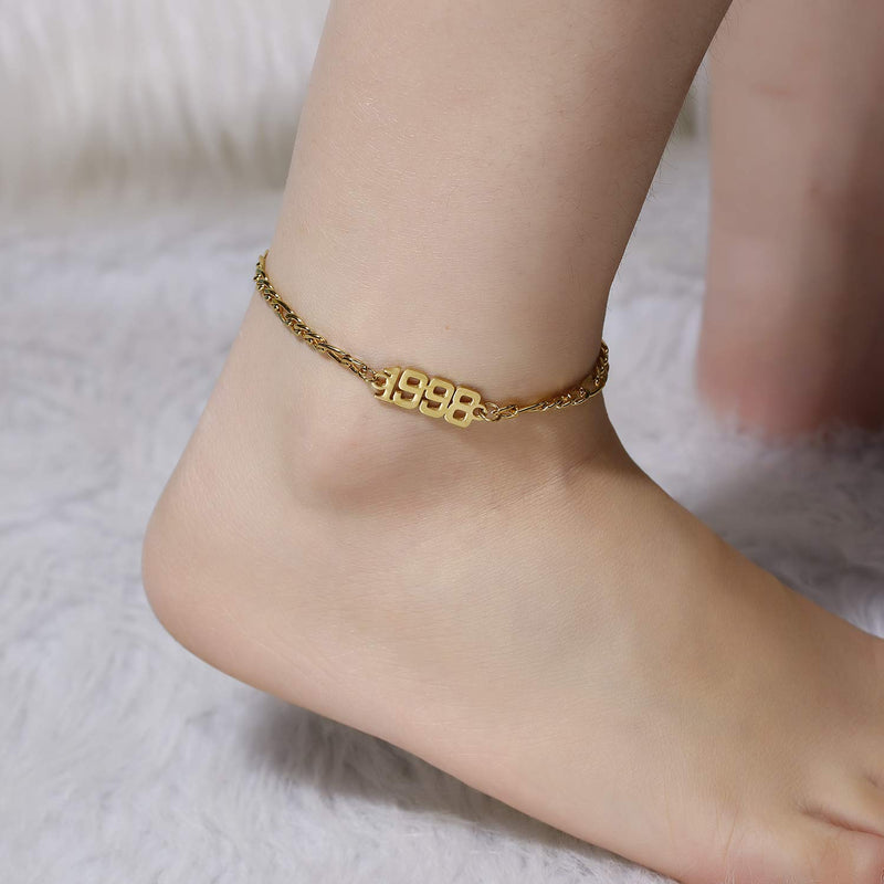 [Australia] - Birth Year Number Anklets Bracelet 18K Gold Plated Figaro Link Chain Anklets Adjustable Dainty Beach Foot Jewelry Anniversary Birthday Gift for Women Girls Gold-1988 