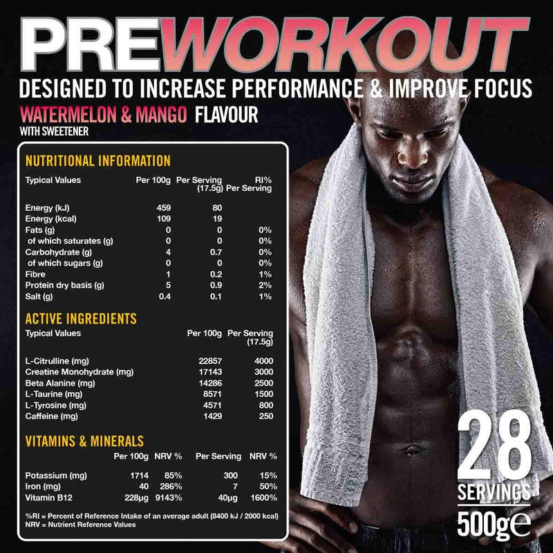 [Australia] - VOW Pre Workout Advanced Complex with Creatine, Beta Alanine, Caffeine, Improve Energy & Focus (Watermelon & Mango) Watermelon & Mango 