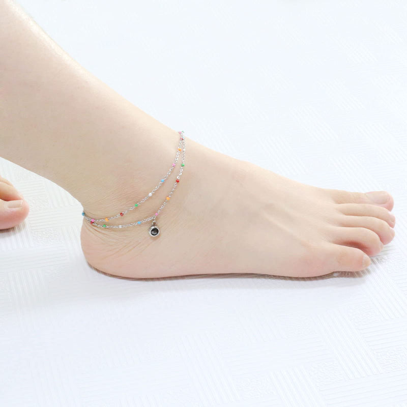 [Australia] - Crystal Stainless Steel Anklet Color Beaded Dainty Hanging Bells Cute Charm Adjustable Beach Double Layer Foot Chain for Women Teen Girls Black chain 