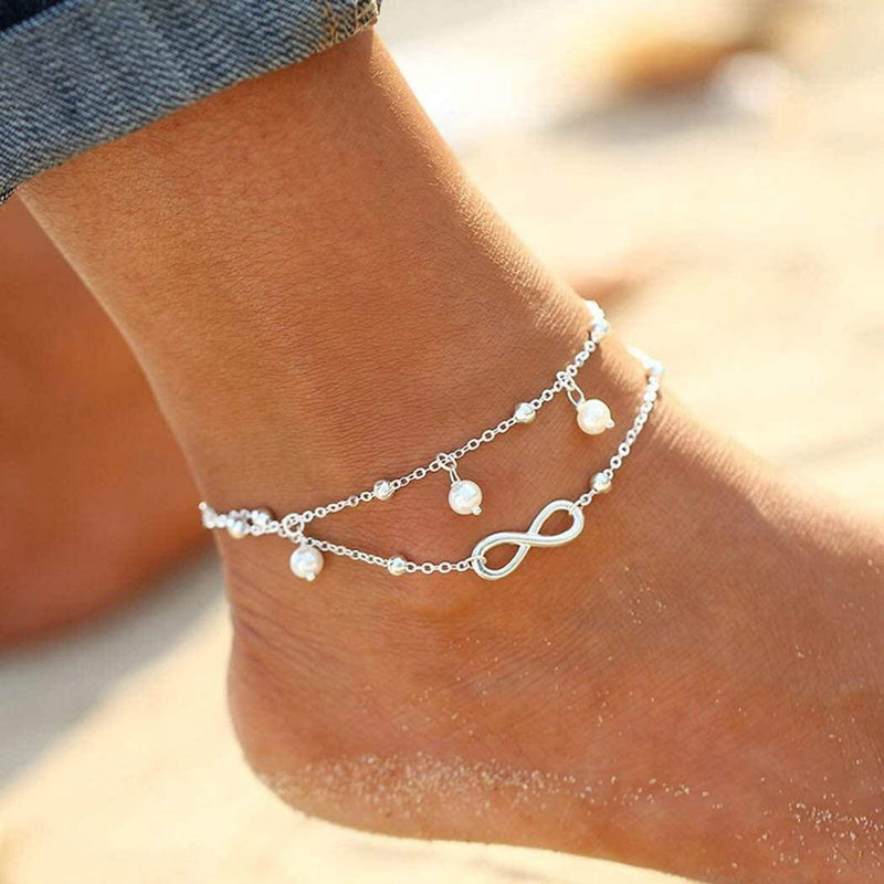 [Australia] - Jeweky Boho Double Ankle Bracelets Silver 8 Shape Anklets Chain Pearl Beach Foot Jewelry for Women and Girls 