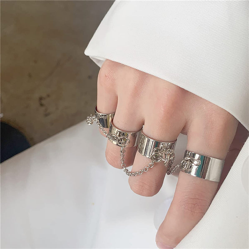 [Australia] - INENIMARTJ 2Pcs Punk Vintage Cross Knuckle Ring With Chain Gothic Finger Rings for Men Stackable Statement Ring for Women Girls 