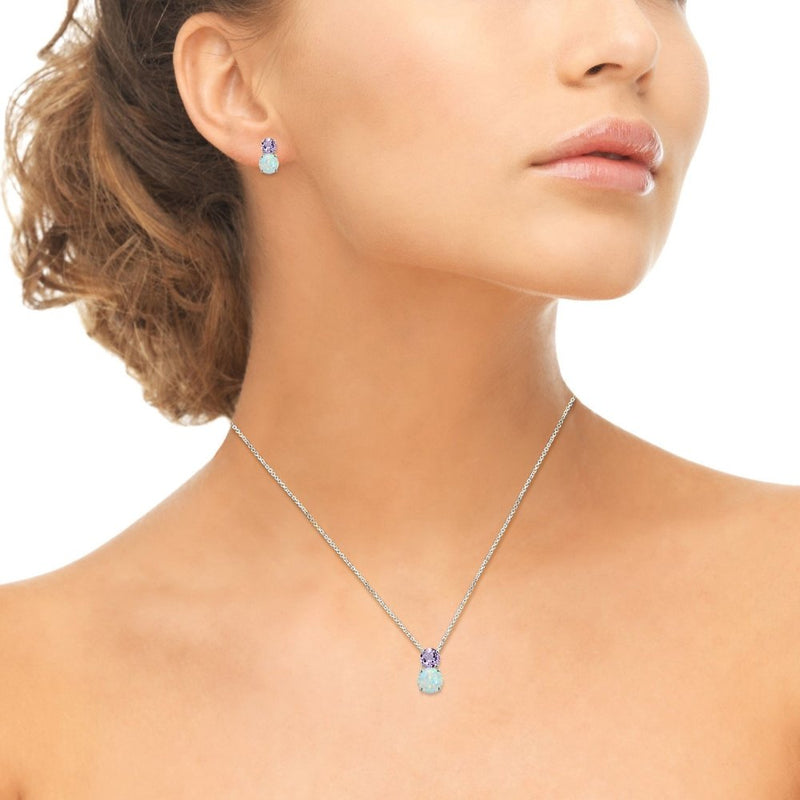 [Australia] - Sterling Silver Genuine, Simulated or Created Gem & Synthetic Opal Double Round Stud Earrings & Necklace Set Amethyst 