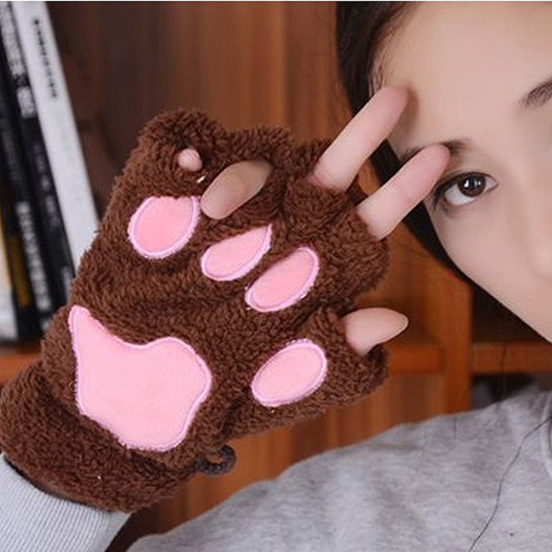 [Australia] - 1 Pair Ladies Girls Womens Cat Paw Gloves Winter Gloves Fingerless Paw Mittens Warm Plush Half-Finger Winter Gloves Brown 