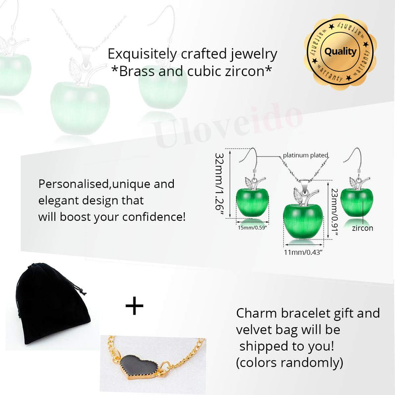 [Australia] - Uloveido Apple Necklace and Earrings Set for Women Girls Cute Apple Jewelry Set for Teacher Mom YL007 Dark Green 