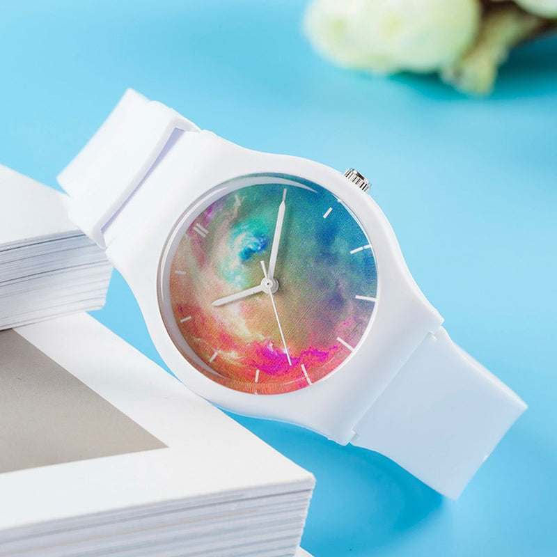 [Australia] - Tonnier Watches White Resin Super Soft Band Student Watches for Teenagers Young Girls Watches Nebula 