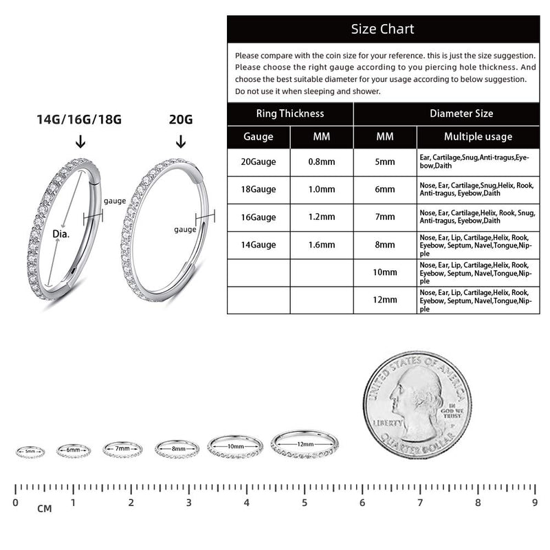 [Australia] - WBRWP 316L Stainless-Steel Piercing-Ring Hinged Nose-Rings-Hoop with Zircon/Opal 14G 16G 18G 20g Body Pierecing Ring Segment Clicker Lip Rings Cartilage Rook Earrings Diameter 8mm 10mm Black ring with zircon -1pc Pack 14g Dia. 8mm 