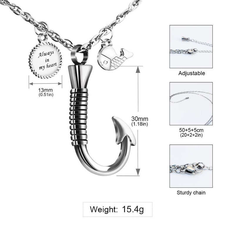 [Australia] - XIUDA Fish Hook Memorial Ash Urn Necklace Stainless Steel Cremation Jewelry for mom & dad, Fish Pendant & Always in My Heart silver 