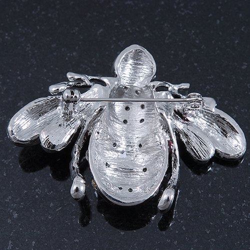 [Australia] - Avalaya Cute Clear Crystal Burgundy Enamel 'Bee' Brooch in Rhodium Plating - 5cm Width 