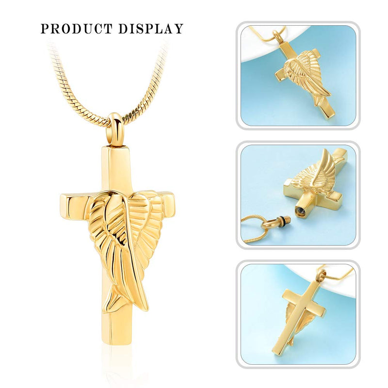 [Australia] - Cremation Urn Jewelry Angel Wings Cross Urn Pendant Memorial Remains Ashes Keepsake Necklace Gold 