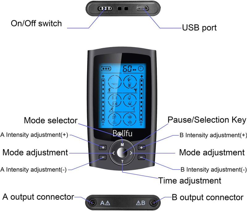 [Australia] - Belifu Dual Channel TENS EMS Unit 24 Modes Muscle Stimulator for Pain Relief Therapy, Electronic Pulse Massager Muscle Massager with 10 Pads, Dust-Proof Drawstring Storage Bag，Fastening Cable Ties… Black 