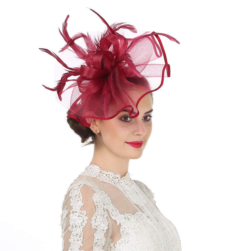 [Australia] - Lucky Leaf Girl Lady Hat Headwear Organza Church Feather Clip Fascinators Hat Wedding Party Kentucky Derby Cap for Women 5-burgundy 