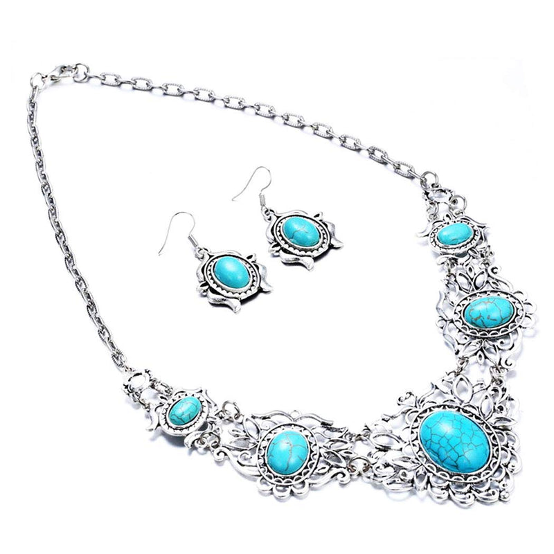 [Australia] - Turquoise Necklace Earrings Sets Bohemian Bib Pendant Costume Jewelry Fashion Geometric Flower Chain for Women and Girls Gift Christmas Thanksgiving 