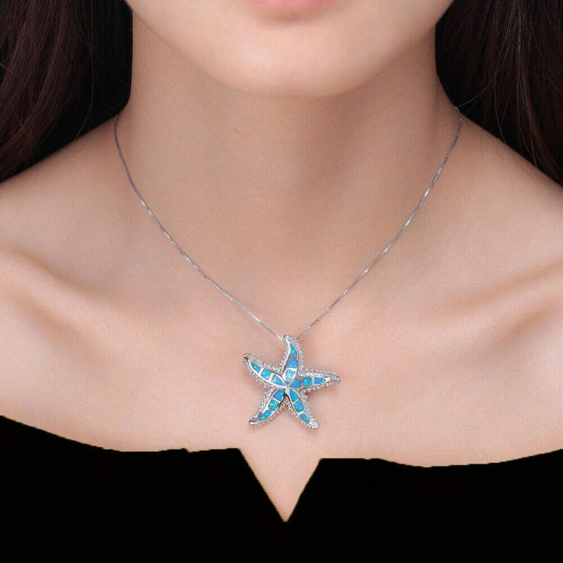 [Australia] - CiNily Opal Pendant Necklace for Women Girls 14K Gold Plated Turtle/Starfish/Dolphin Sea Animal Pendant Opal Jewelry Ocean Necklace starfish pendant-blue 