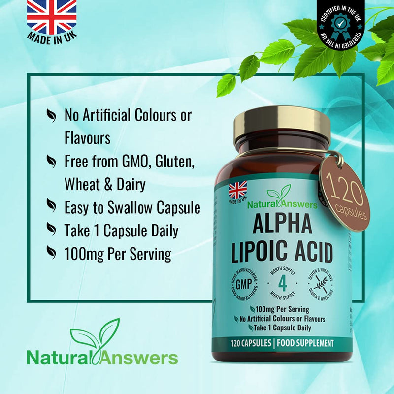 [Australia] - 120 Alpha Lipoic Acid (ALA) 100mg Capsules - (4 Months Supply) Food Supplement Nervous System Support - UK Manufactured 