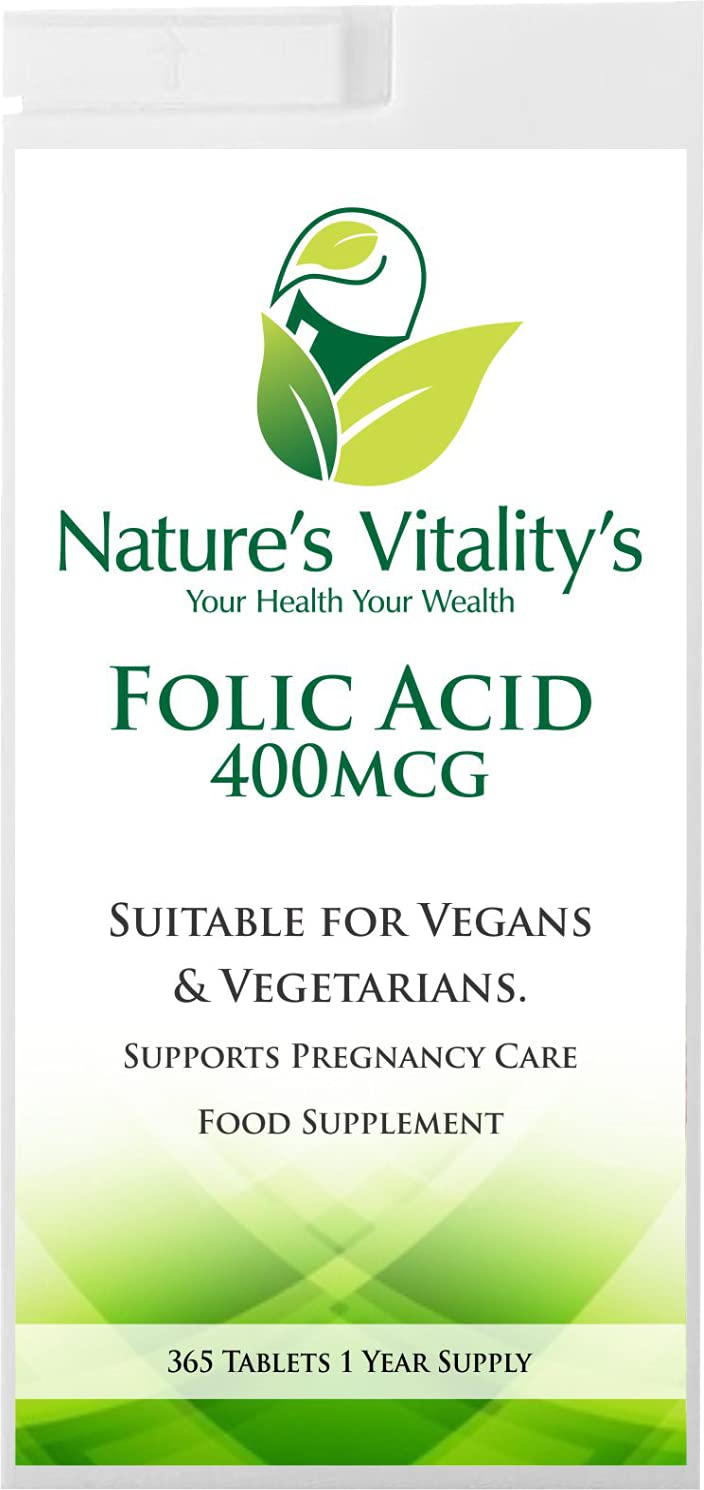 [Australia] - Nature's Vitality's Folic Acid 400mcg 365 Tablets 1 Year Supply Suitable for Vegans & Vegetarians Supports Normal Maternal Tissue Growth During Pregnancy Prenatal & Conception. 