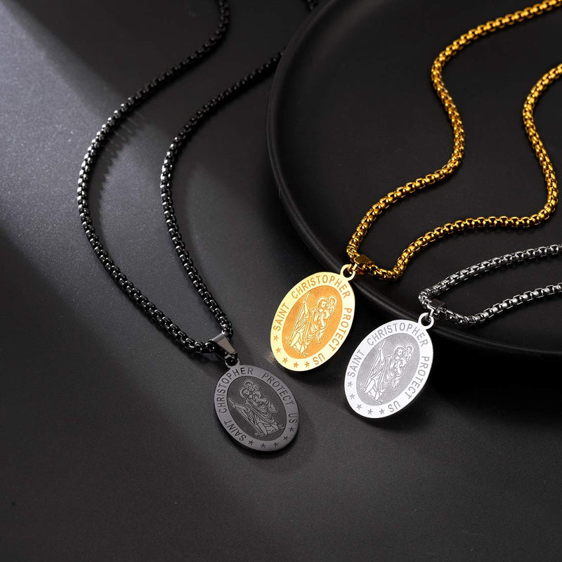 [Australia] - Men Women Personalized St. Michael Saint Christopher Necklace Stainless Steel/18K Gold Plated Round/Oval/Shield Patron Saint Biblical Archangel Pendant Necklaces with 22" Square Box Chain,Gift Packed Stainless-Oval St. Christopher no personalized engrave 