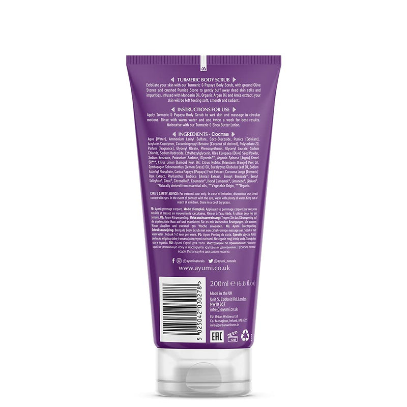 [Australia] - Ayumi Turmeric & Papaya Body Scrub, With Ground Olive Stones & Crushed Pumice Stone to Buff Away Dead Skin Cells, For Smooth & Radiant Skin 1 x 200ml 200 ml (Pack of 1) 