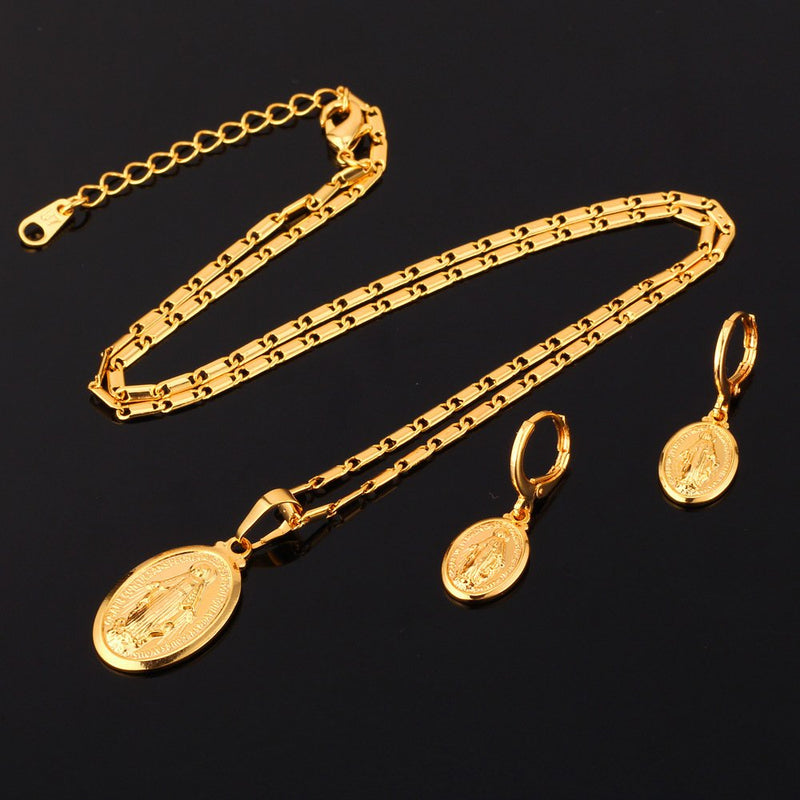 [Australia] - U7 Virgin Mary Jewelry Set Women Bride Wedding Platinum/Rose Gold / 18K Gold Plated Miraculous Medal Bracelet Necklace & Earrings Sets Necklace & Earrings Set - Gold 