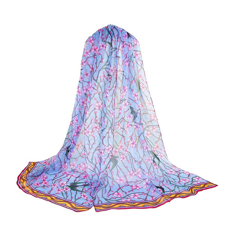 [Australia] - Signare Woment's 100% Silk Lightweight and soft Scarf/Headwear Almond Blossom and Swallow 