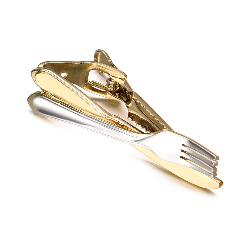 [Australia] - Yoursfs Funny Tie Clip for Men Stainless Steel Color Yellow/White Gold Plated Collar Tie Bar Skinny Tie Clips gold and silver knife and fork 