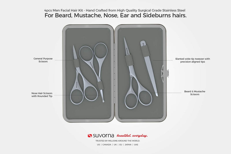 [Australia] - Suvorna Men's 4 Pcs Facial Hair Scissors Set/Kit. Contains 4.5" Mustache & Beard, Ears & Nose and Eyebrow Scissors Along with Slant Tweezers. Awesome Metal & Leather Case.! (Egg White) Egg White 