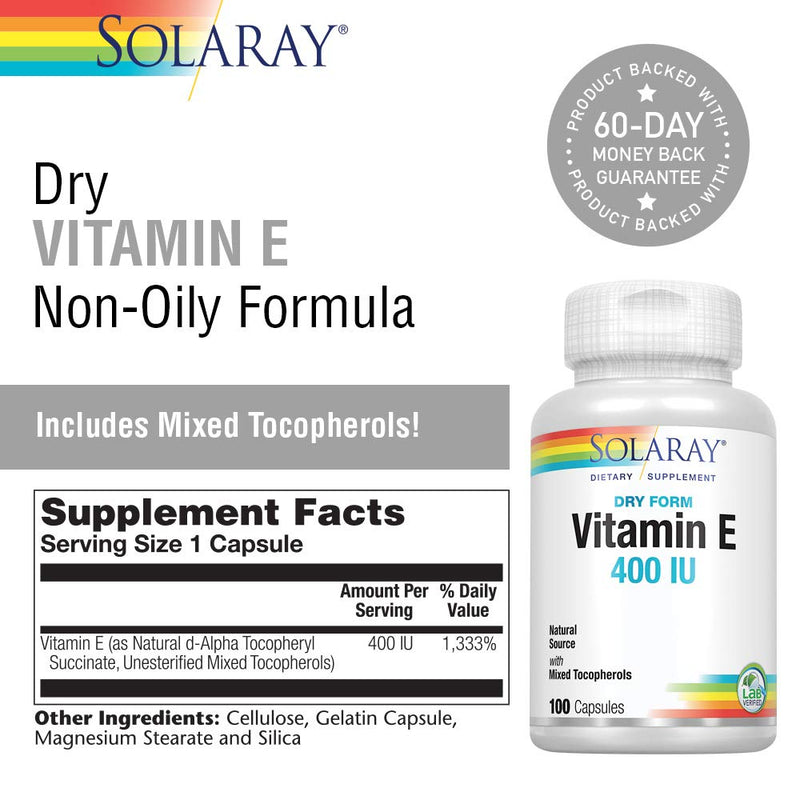 [Australia] - Solaray Vitamin E, Dry 400 IU w/Mixed Tocopherols | Non-Oily | Healthy Cardiac Function, Antioxidant Activity & Skin Health Support | 100 Capsules 