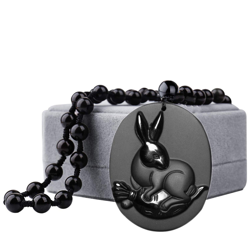 [Australia] - c1lint7785631 Natural Obsidian Chinese 12 Zodiac Pendant Necklace Series Pattern Pendant Grunding Stone Gemstone Horoscope Animal Sign Amulet rabbit 