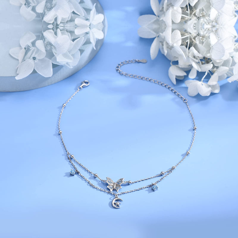 [Australia] - Butterfly Layered Anklet for Women 925 Sterling Silver Anklet Bracelet Adjustable Beach Anklets Jewelry Gifts for Women Girls Mom Wife Blue Butterfly 