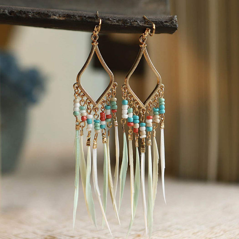 [Australia] - VFlowee Bohemian Earrings Set Feather Tassel Gold Ethnic Retro Boho Dangle Earring Bead Women Teen Girls Jewelry for Birthday Party Gifts 