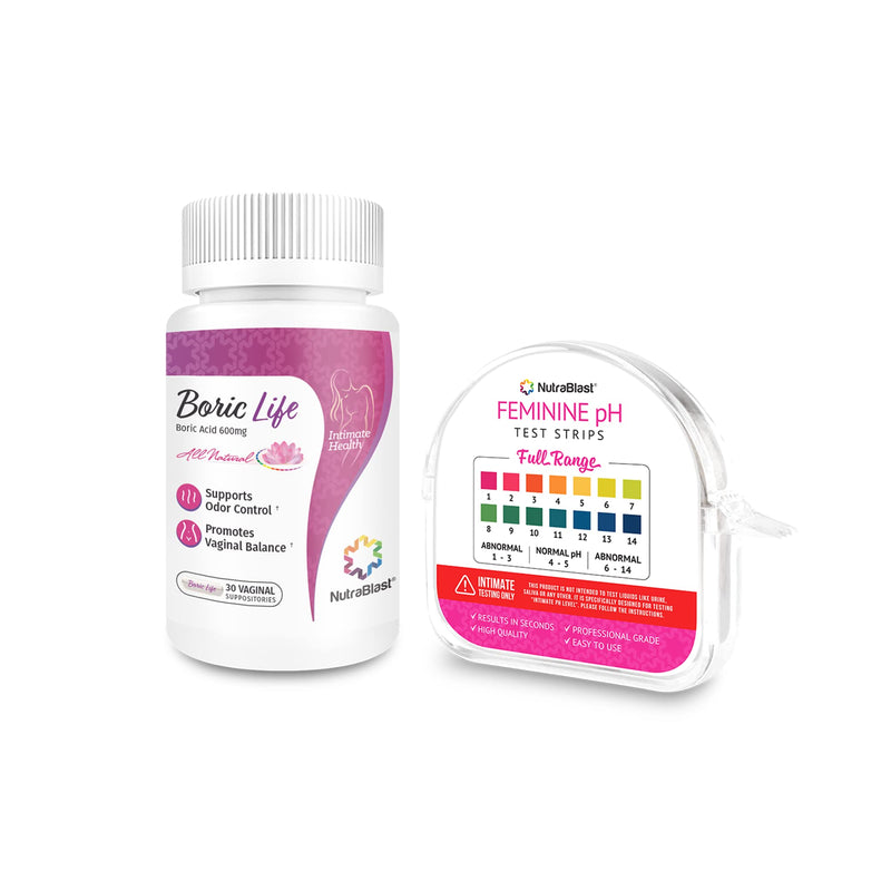 [Australia] - NutraBlast Boric Acid Vaginal Suppositories 600mg (30 Count) & Feminine pH Test Strips 1-14 (100-Tests Roll) | Monitor Feminine Intimate Health | Acidity & Alkalinity Balance 