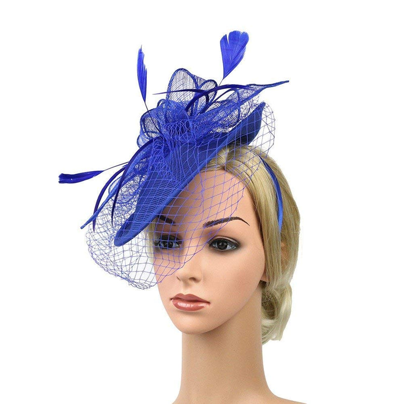 [Australia] - Hilary Ella Flax Net Face Veil Feather Fascinator for Women Cocktail Tea Party Derby Wedding Fascinators Hat Deep Blue 