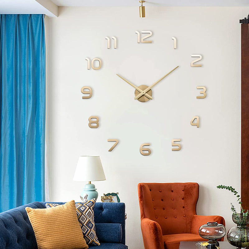 [Australia] - SIEMOO Large DIY Wall Clock, 3D Mirror Number Stickers Large Wall Clock Kit Mute Frameless Modern Design for Home Living Room Bedroom Office Decoration-Gold Gold 