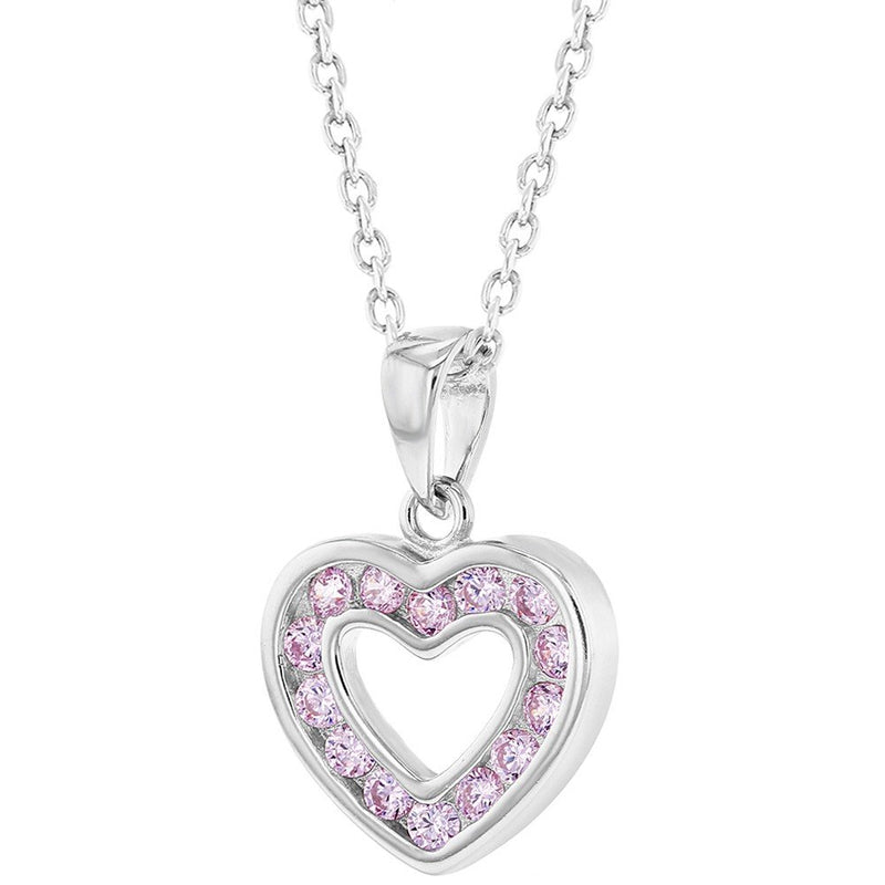 [Australia] - 925 Sterling Silver CZ Small Open Heart Pendant Necklace for Girls 16" Pink 