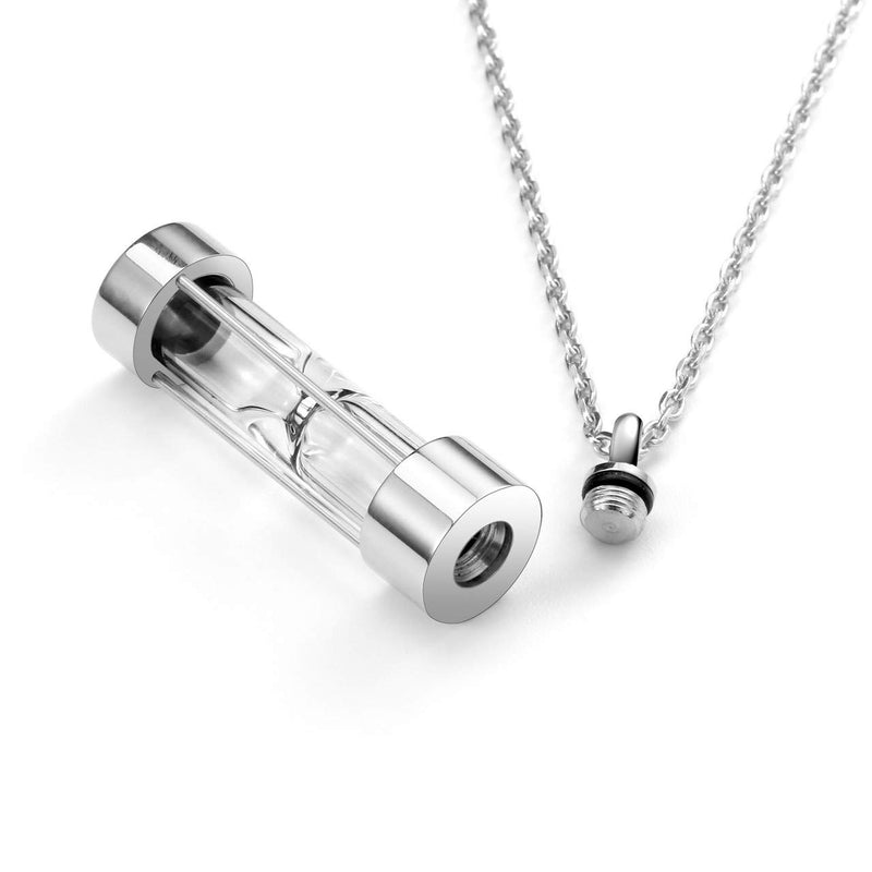 [Australia] - Zysta Glass Hourglass Ashes Keepsake Necklace Personalized Cylinder Tube Pendant Necklaces for Men Women Customized Engraved Quicksand Memorial Urns Cremation Locket Sealed Sand Ash Urn Container Silver non-engraving 