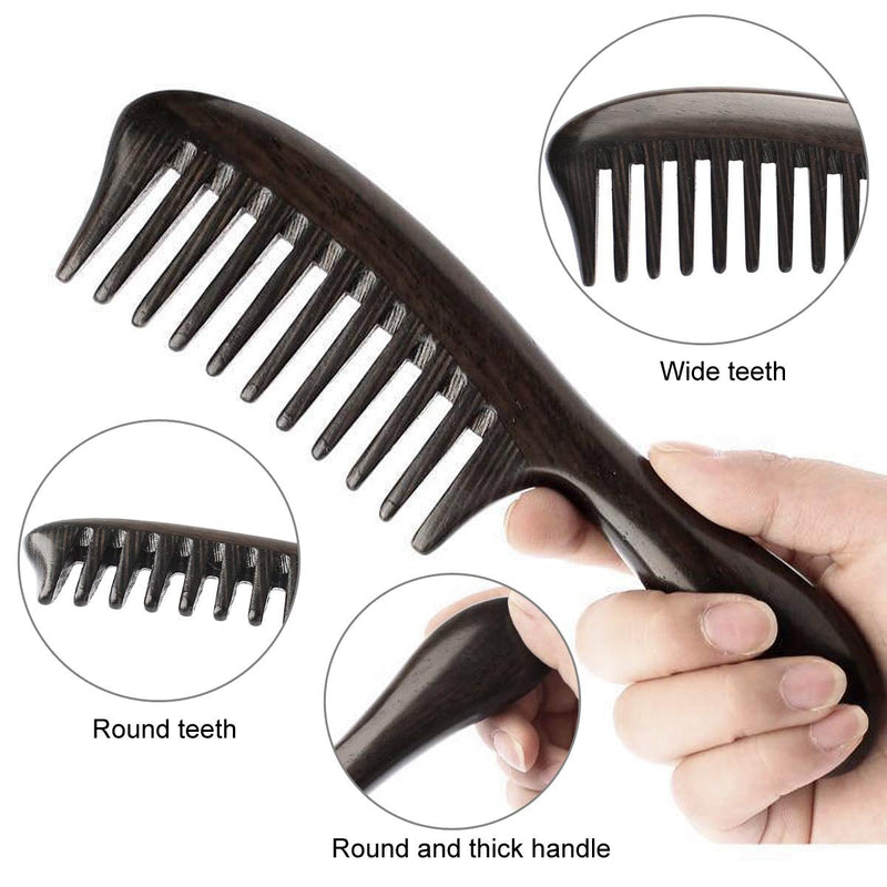 [Australia] - Eqlef Comb Wooden, Wide Tooth Comb Curly Hair Black Ebony Comb Smooth Round Handle 