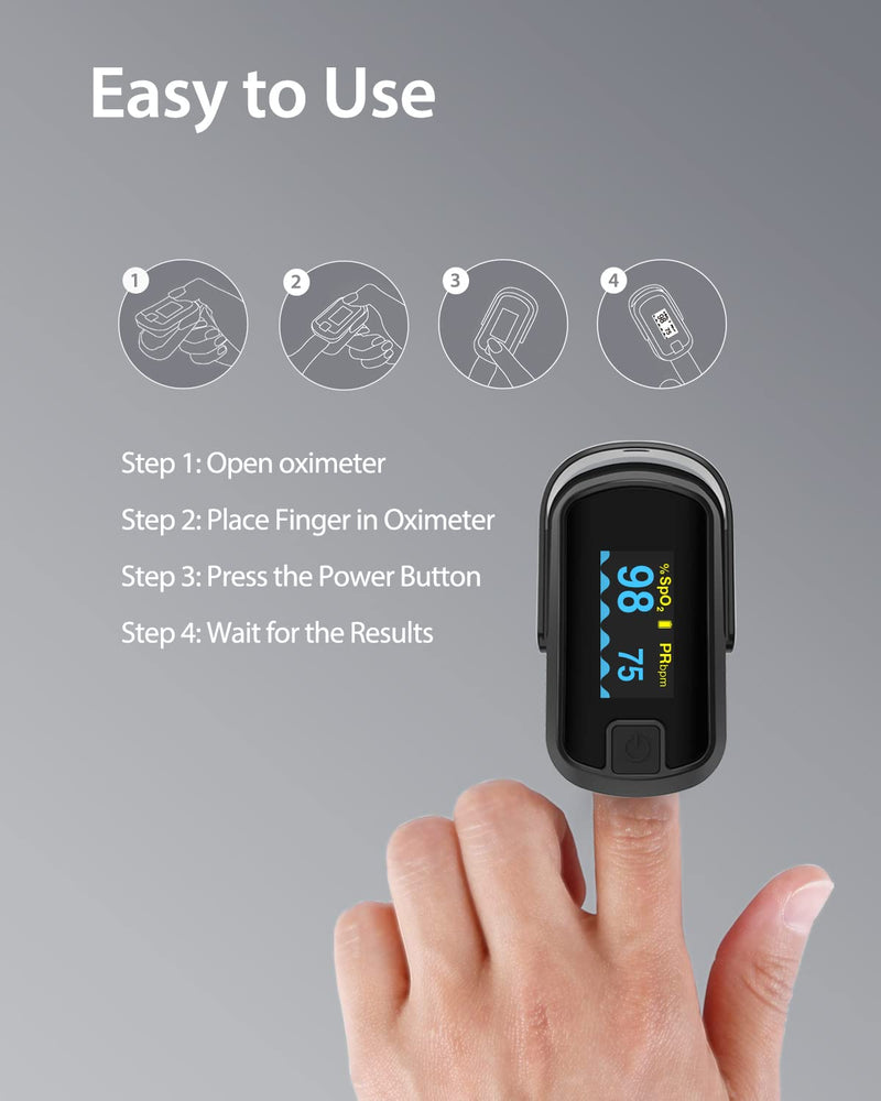 [Australia] - MIBEST Black OLED Finger Pulse Oximeter - Blood Oxygen Saturation Monitor - SPO2 Pulse Oximeter - Portable Oxygen Sensor with Included Batteries - O2 Saturation Monitor with Respiration Rate and PI 